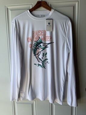 Reel Life White Performance Tee with Coral Graphic